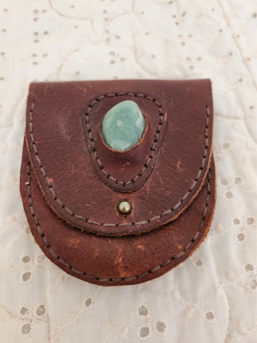 Vintage Handmade Primitive Brown Leather Pouch Coin Purse Green Gemstone